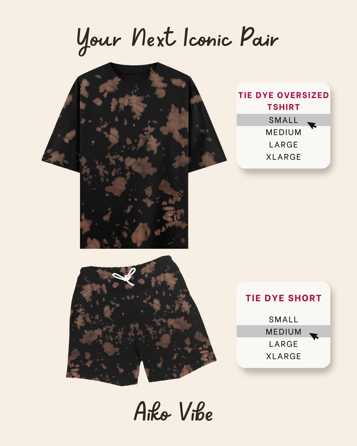 Tie-dye oversized t-shirt and shorts set with size labels on a beige background, featuring the brand 'Aiko Vibe'.