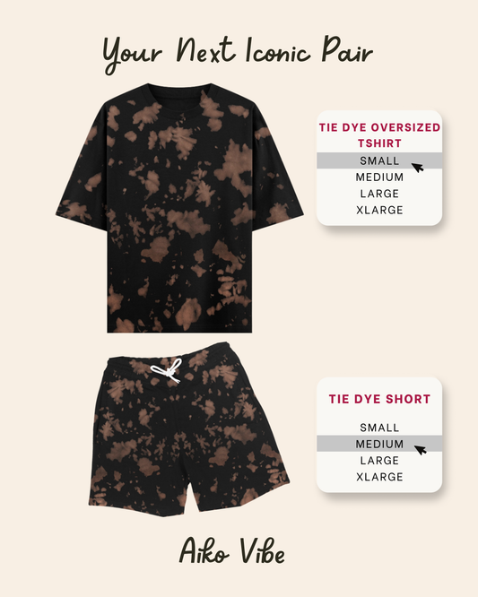 Tie-dye oversized t-shirt and shorts set with size labels on a beige background, featuring the brand 'Aiko Vibe'.